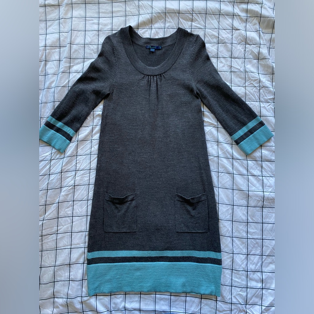 Boden Sweater Dress 12 R Long Gray Blue 3/4 Sleeve Pocket Wool